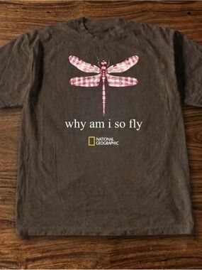 National Geographic Brown Tee with Pink Plaid Dragonfly Graphic